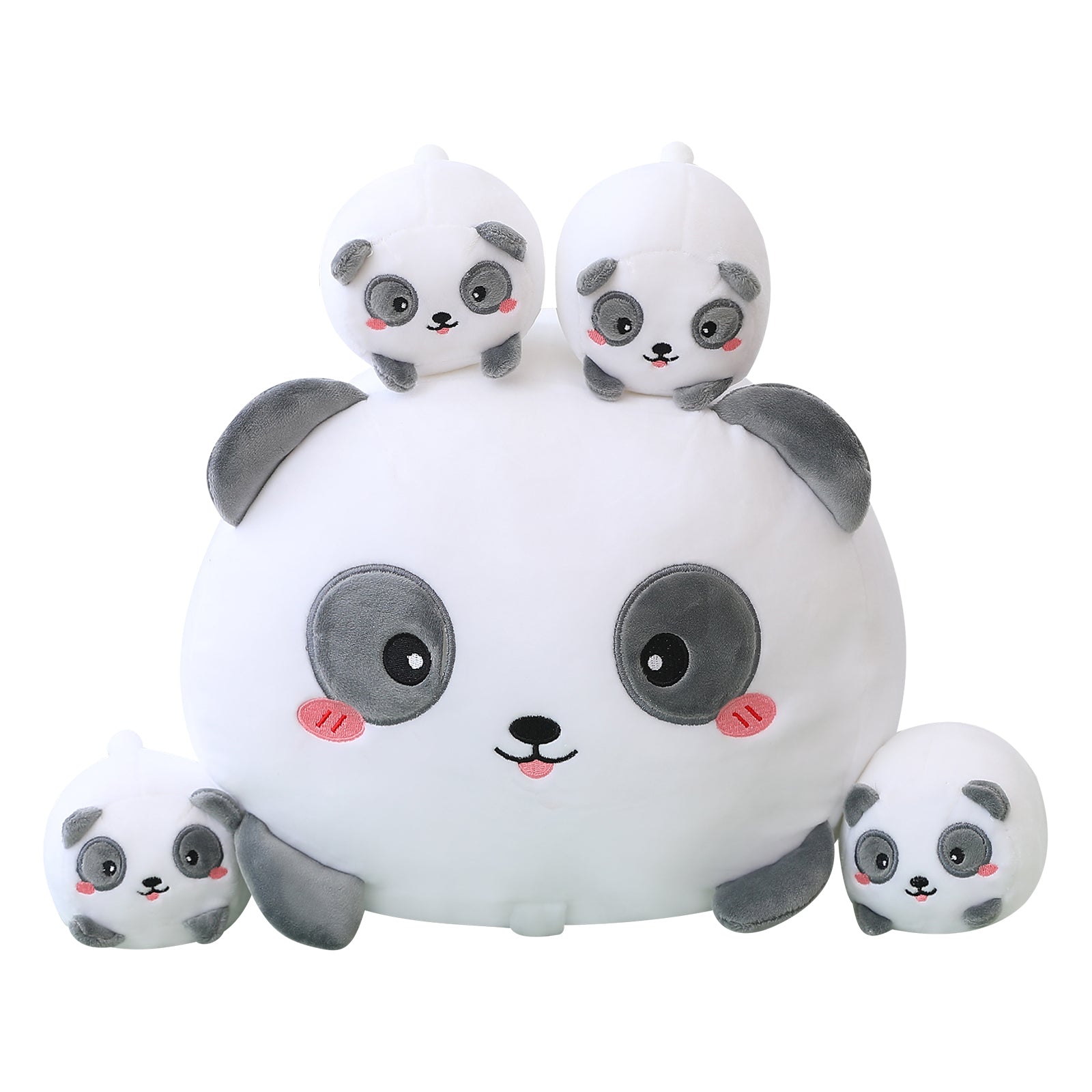 SQEQE panda stuffed animal with babies displayed with four baby panda plush toys on a plain background