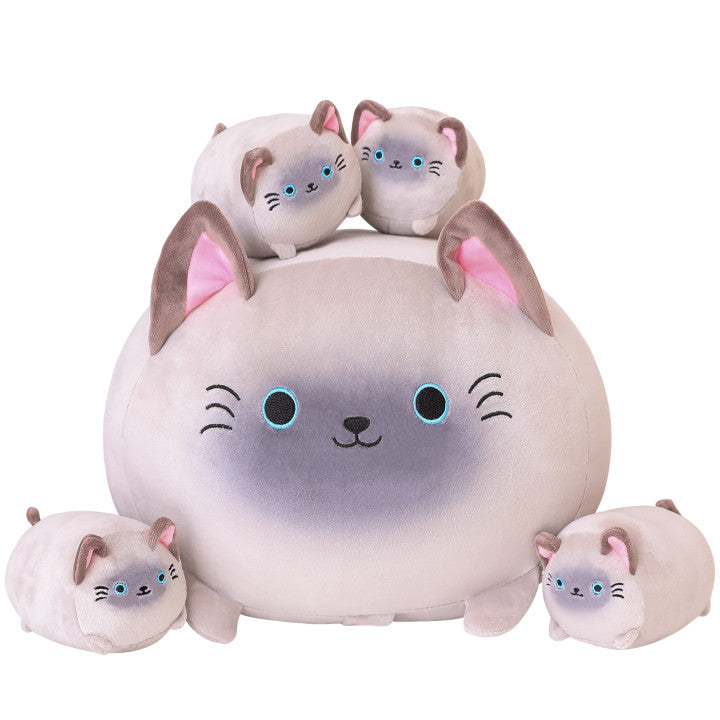 SQEQE Siamese cat stuffed animal with babies displayed with four baby cat plush toys on a plain background