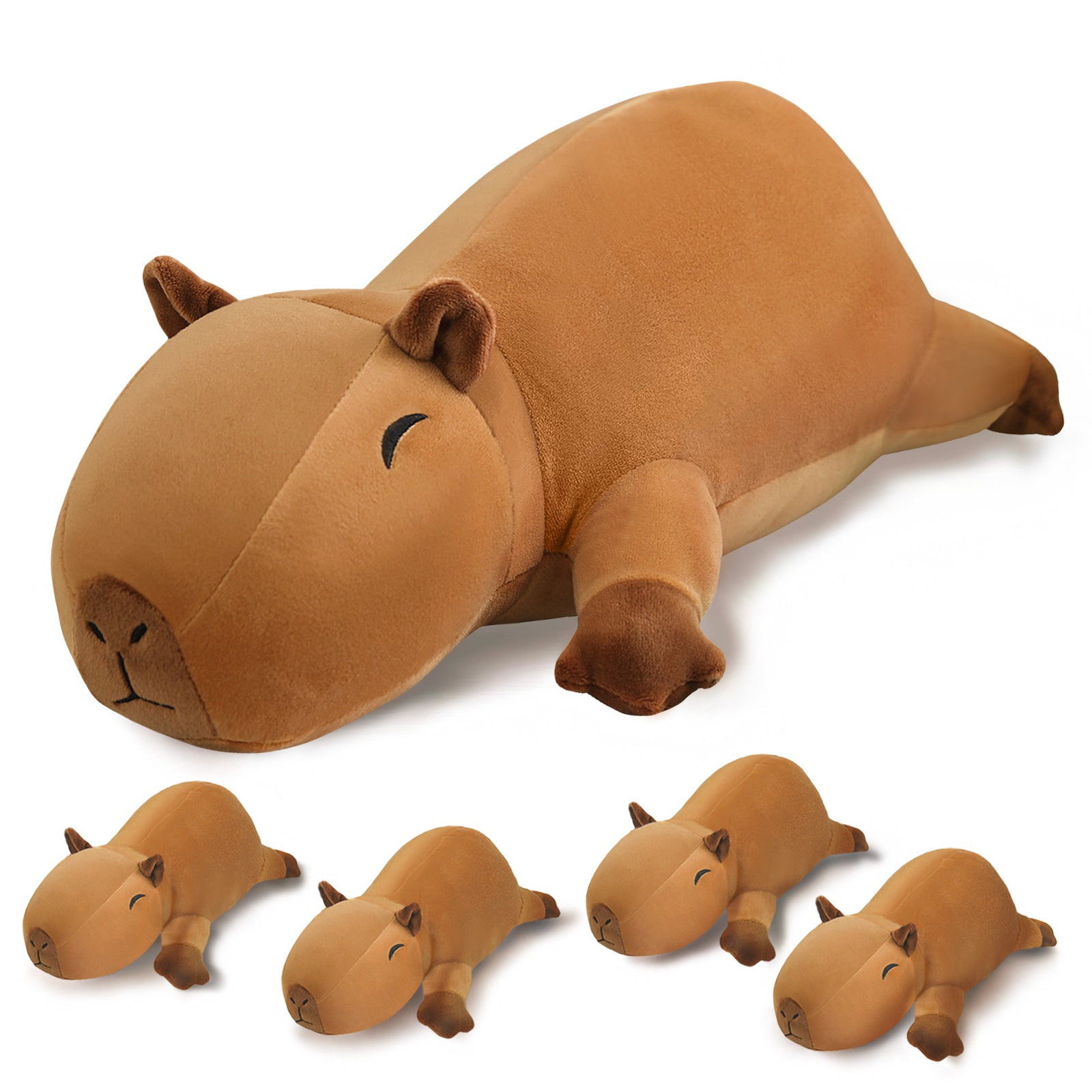 SQEQE capybara stuffed animal with babies displayed with four baby capybara plush toys on a plain background
