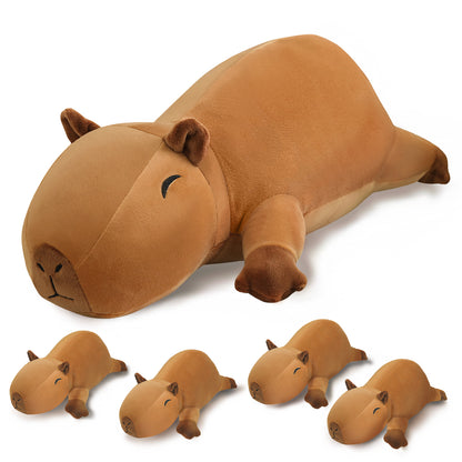 SQEQE capybara stuffed animal with babies displayed with four baby capybara plush toys on a plain background
