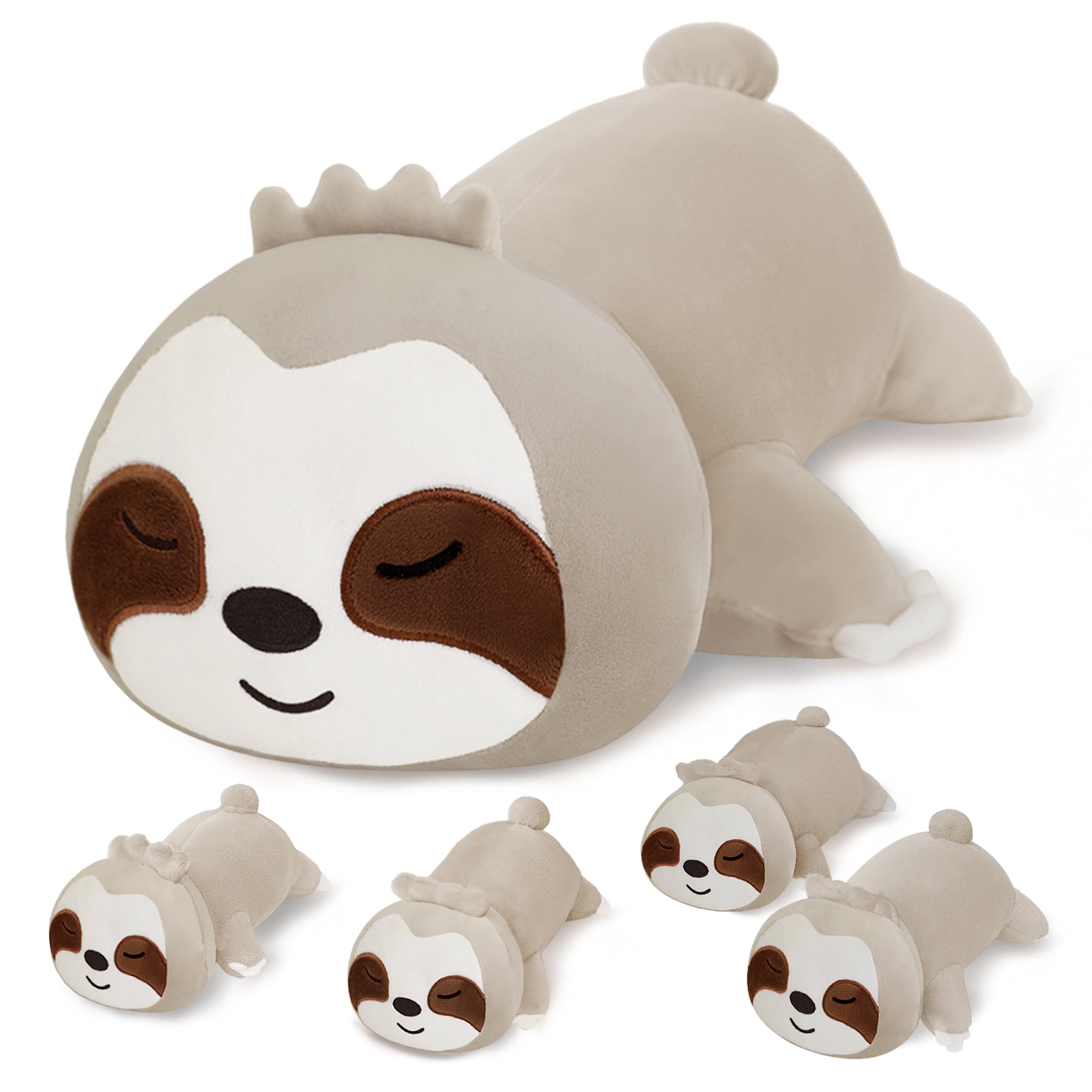 SQEQE sloth stuffed animal with babies displayed with four baby sloth plush toys on a plain background