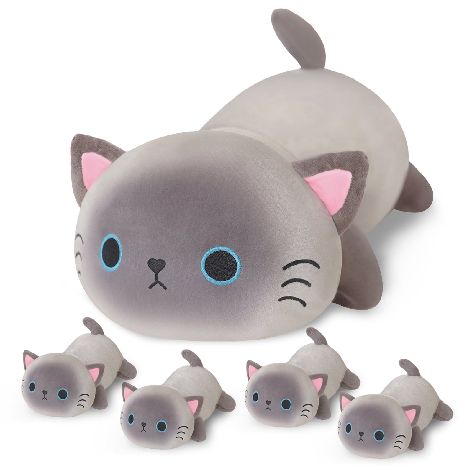 SQEQE Siamese cat stuffed animal with babies displayed with four baby cat plush toys in a wide product arrangement