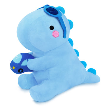 SQEQE dinosaur stuffed animal shown in a branded studio product display