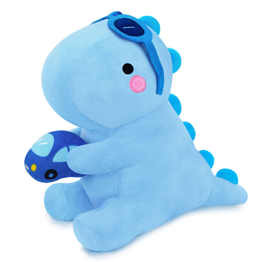 SQEQE dinosaur stuffed animal shown in a branded studio product display