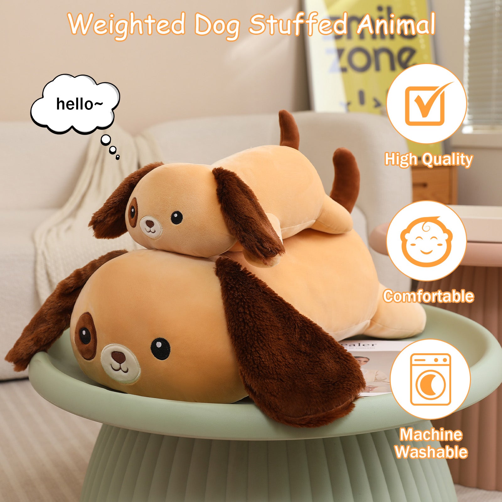 SQEQE weighted dog stuffed animal stacked in multiple sizes in a feature graphic
