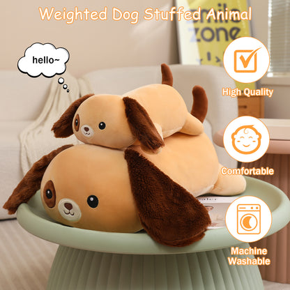 SQEQE weighted dog stuffed animal stacked in multiple sizes in a feature graphic