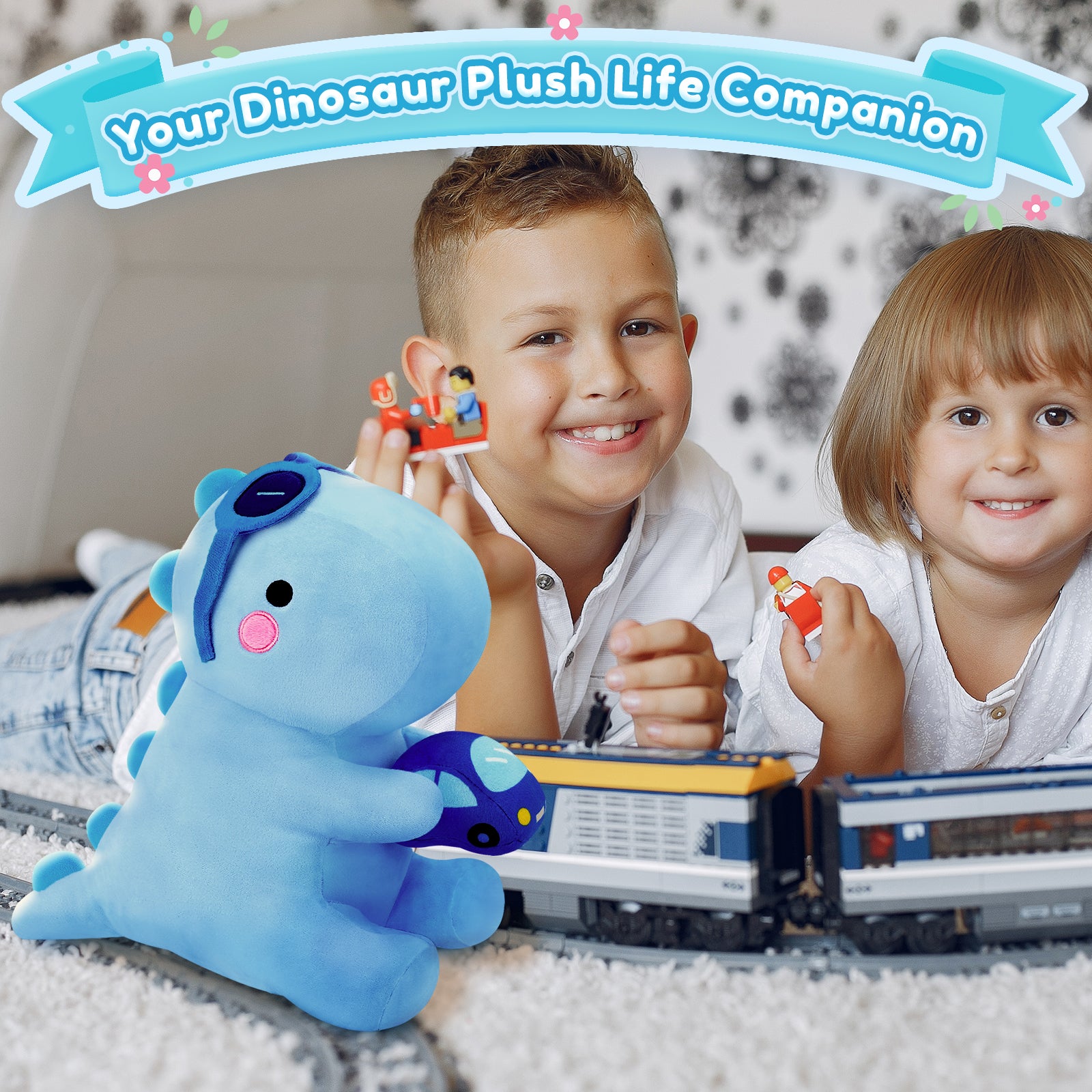 SQEQE dinosaur stuffed animal featured beside children during imaginative play