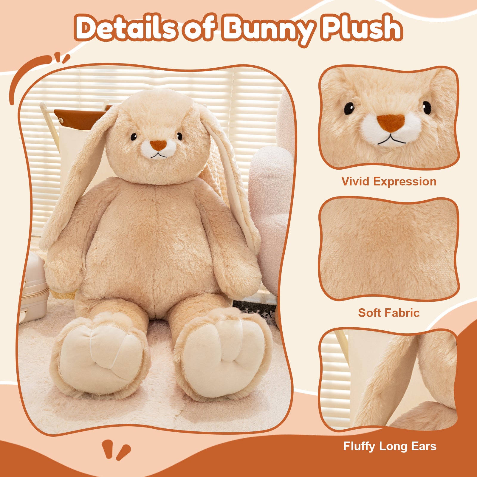 SQEQE giant bunny stuffed animal featured in a plush fabric and body detail guide
