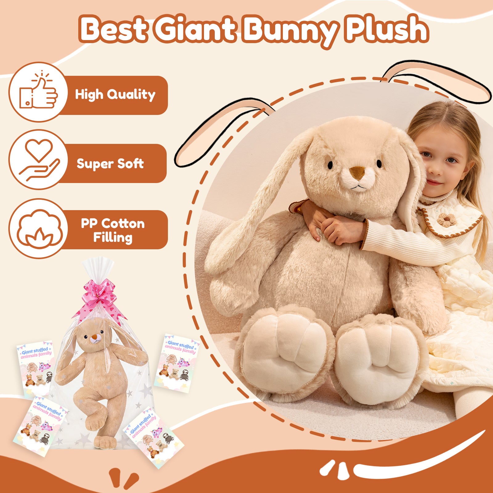 SQEQE giant bunny stuffed animal shown beside a child in a giant plush product layout