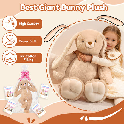 SQEQE giant bunny stuffed animal shown beside a child in a giant plush product layout