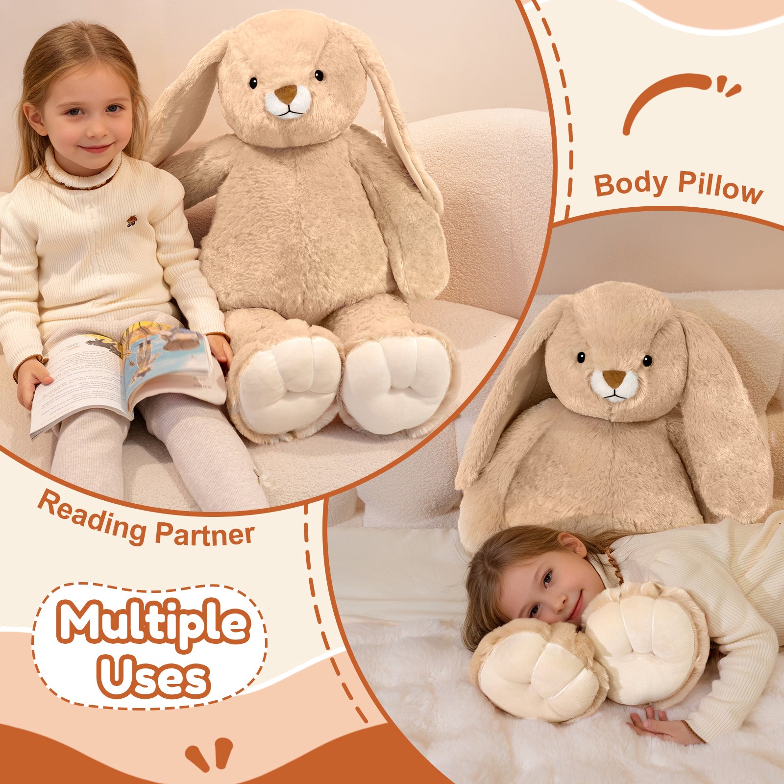 SQEQE giant bunny stuffed animal used for reading and resting in bedroom scenes