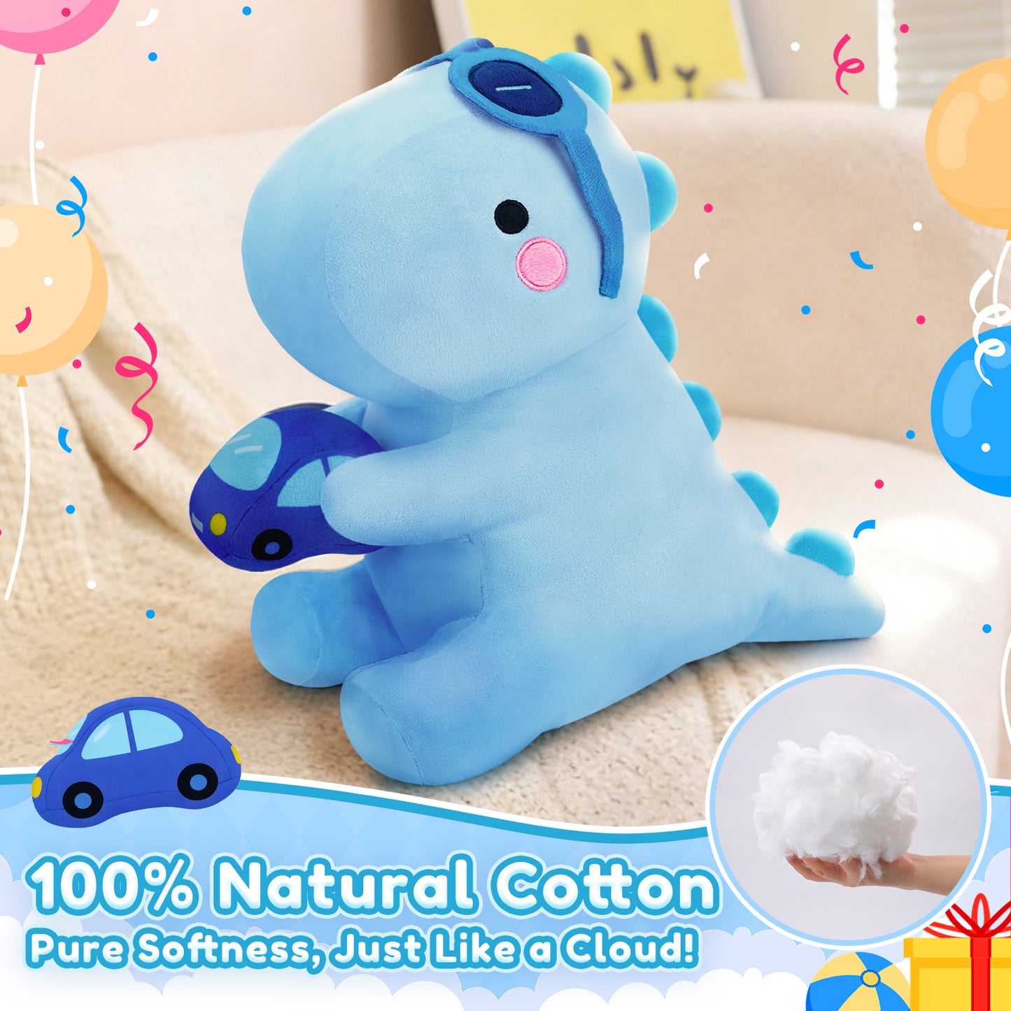 SQEQE dinosaur stuffed animal displayed on a bed in a product feature graphic