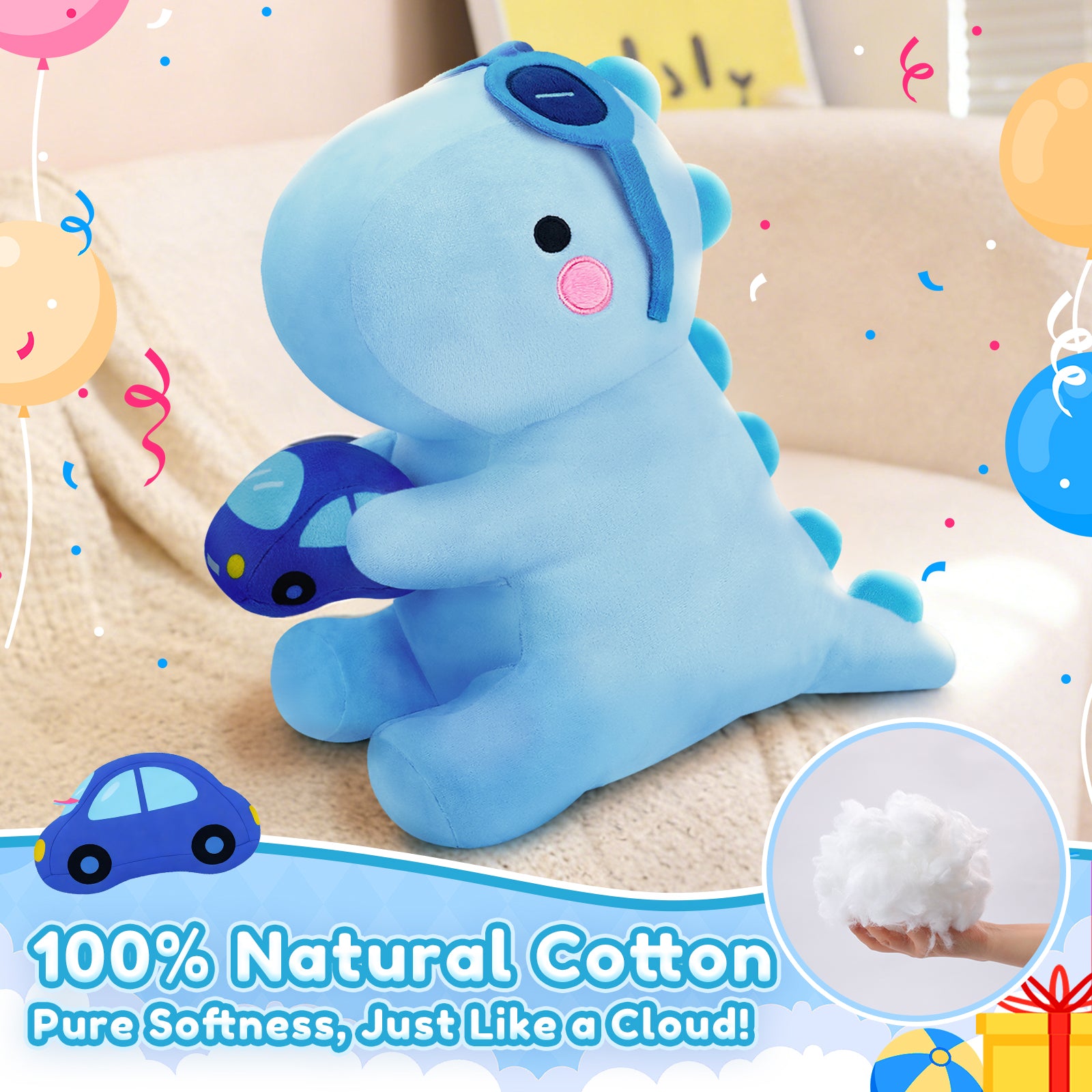 SQEQE dinosaur stuffed animal displayed on a bed in a product feature graphic