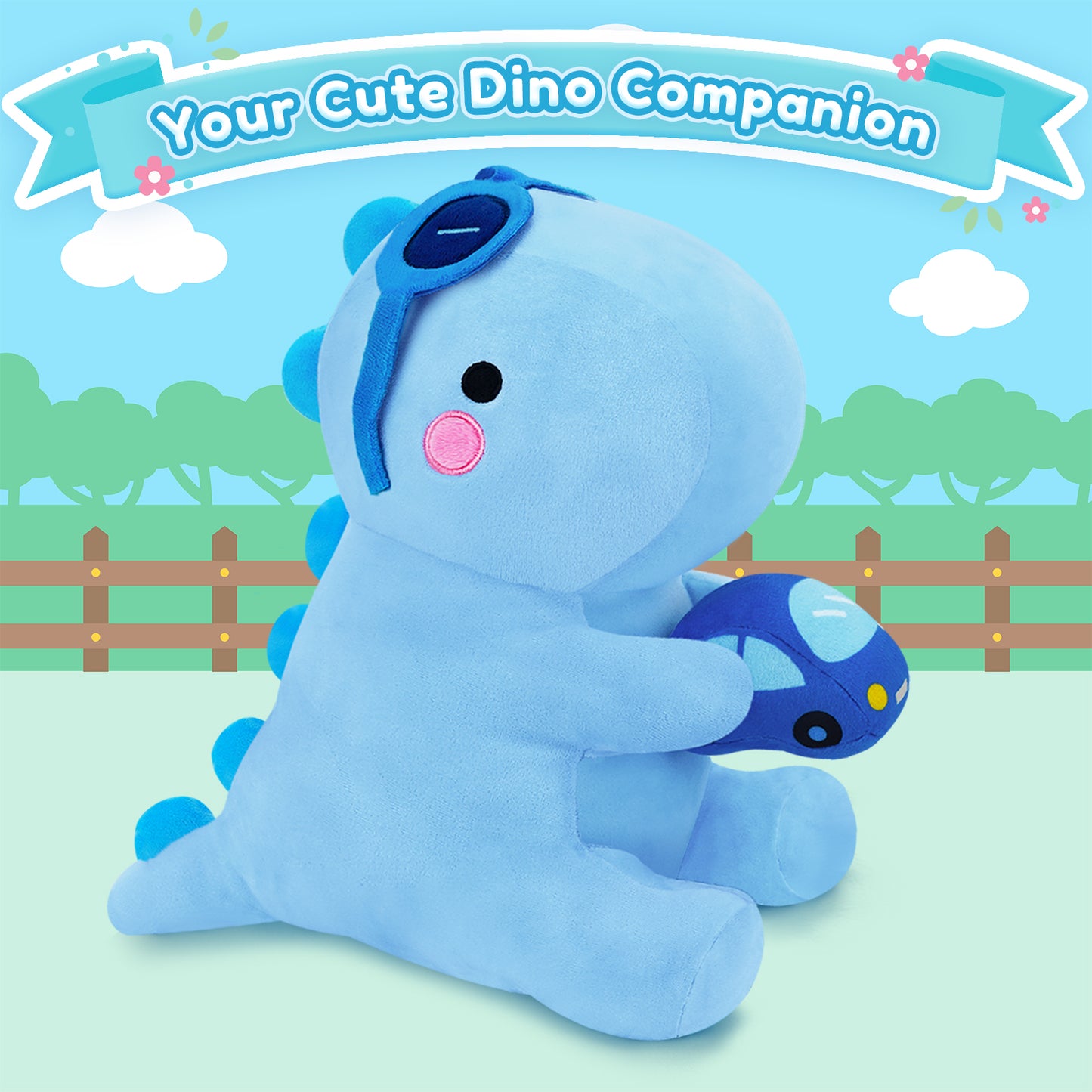 SQEQE dinosaur stuffed animal shown in a playful outdoor themed product graphic
