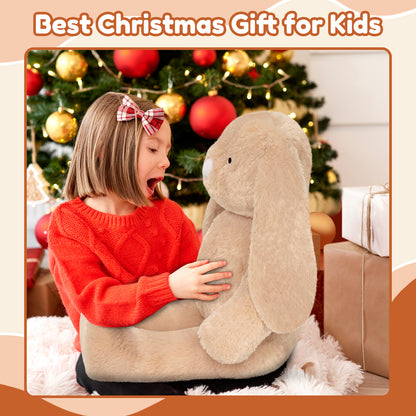 SQEQE giant bunny stuffed animal held by a child near a Christmas tree