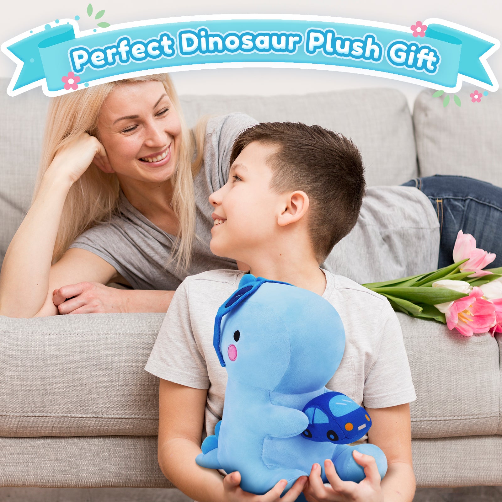 SQEQE dinosaur stuffed animal held by a child during a family gift moment