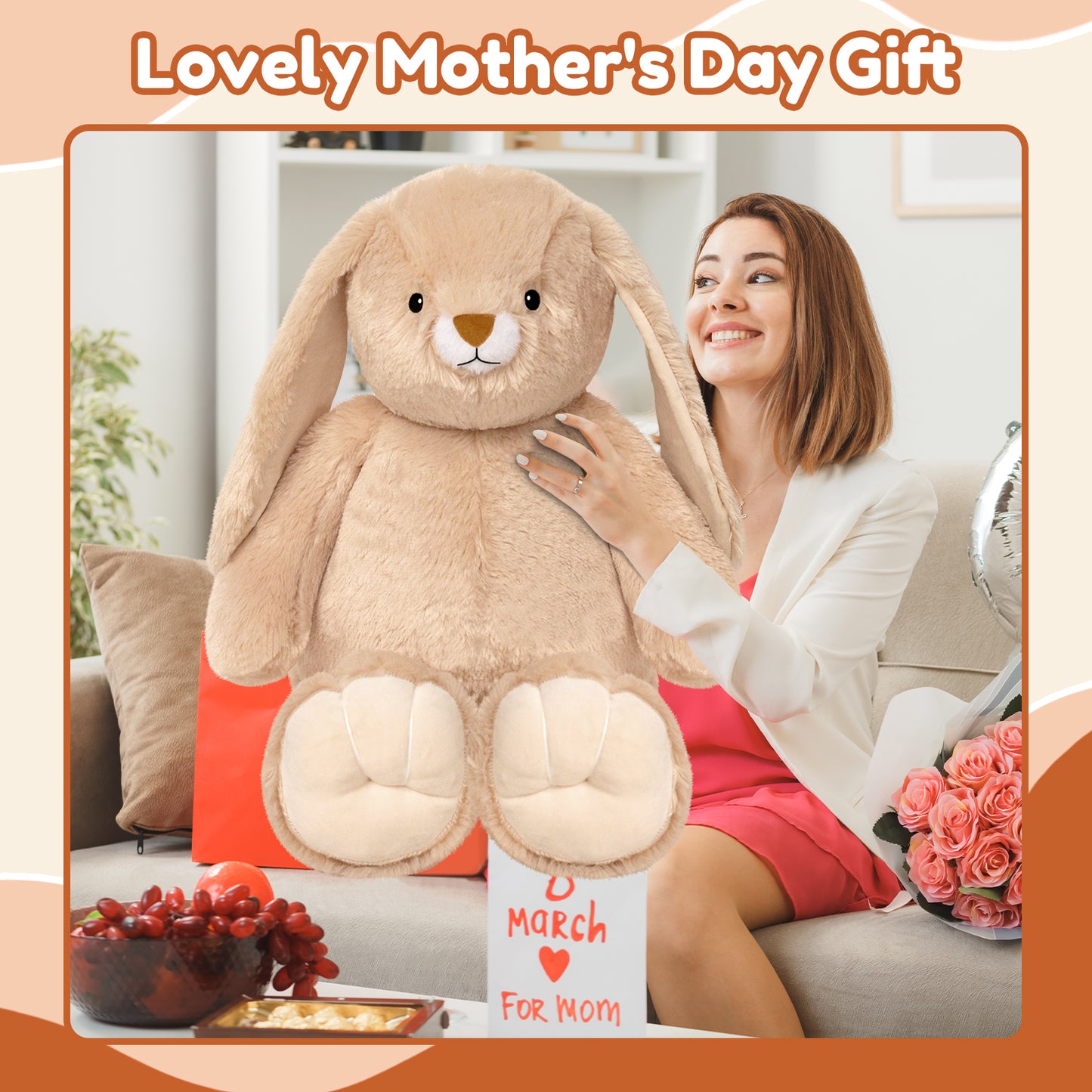 SQEQE giant bunny stuffed animal held during a family gift moment