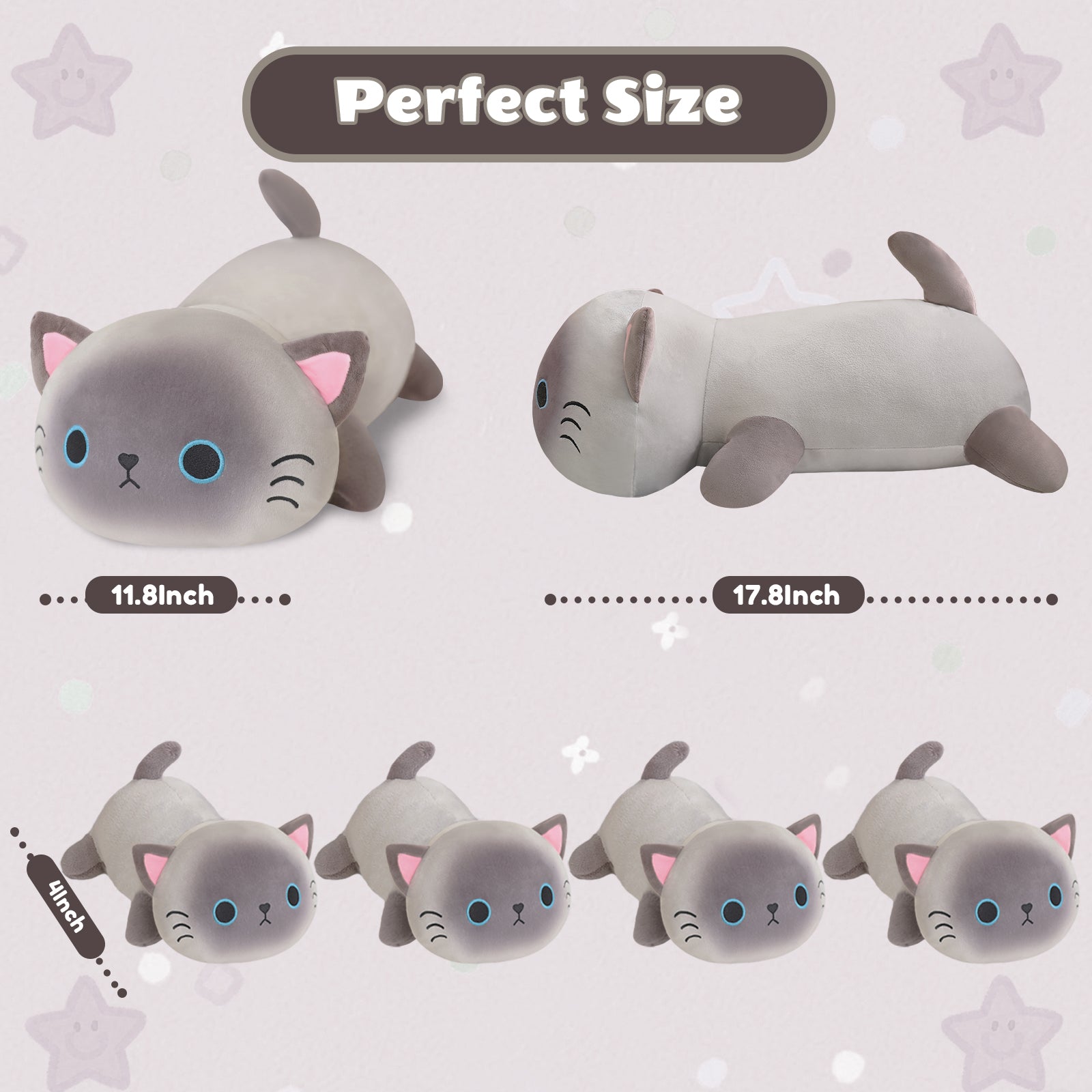SQEQE Siamese cat stuffed animal with babies shown in two parent size options with baby plush toys