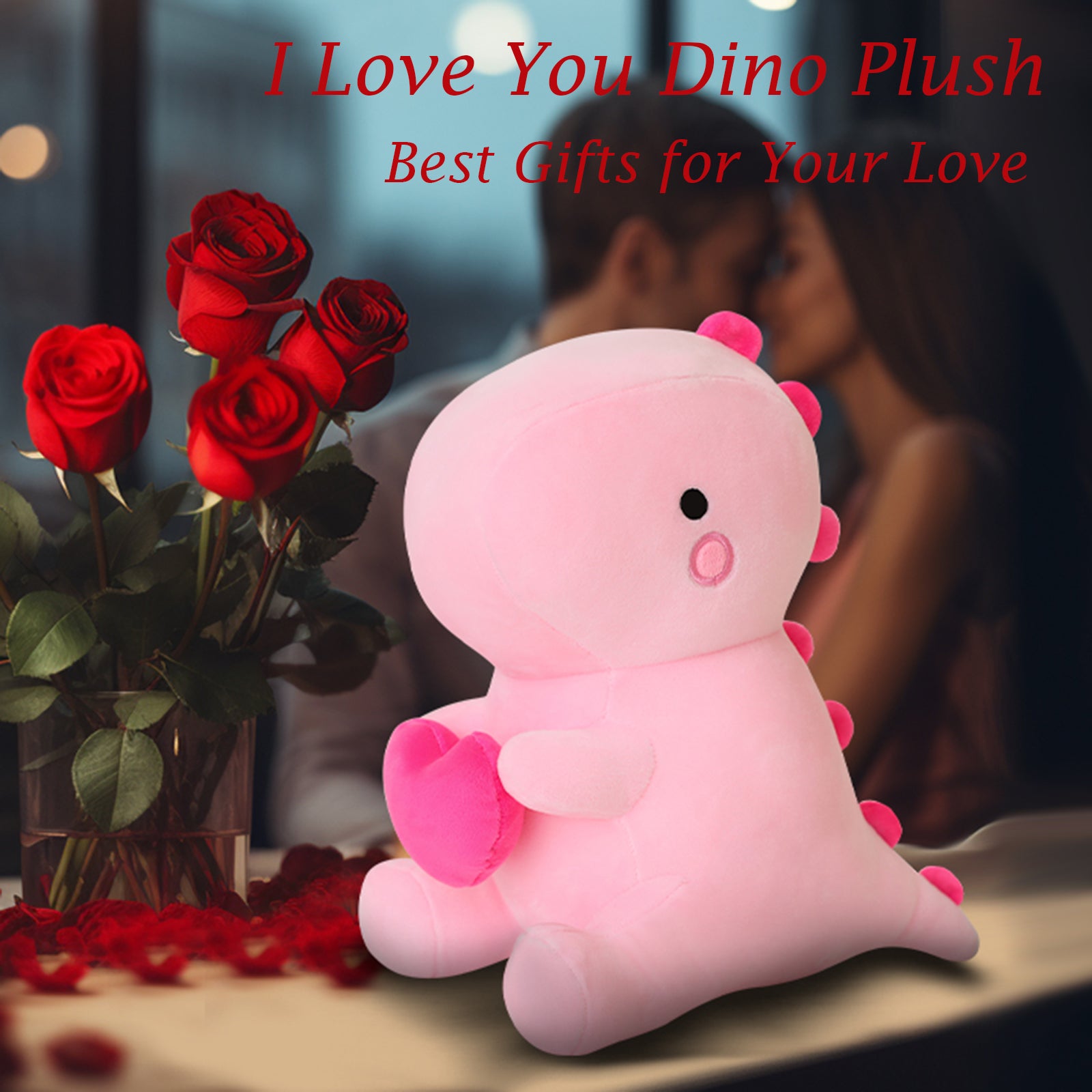 SQEQE dinosaur plush pillow displayed in a romantic themed close product view