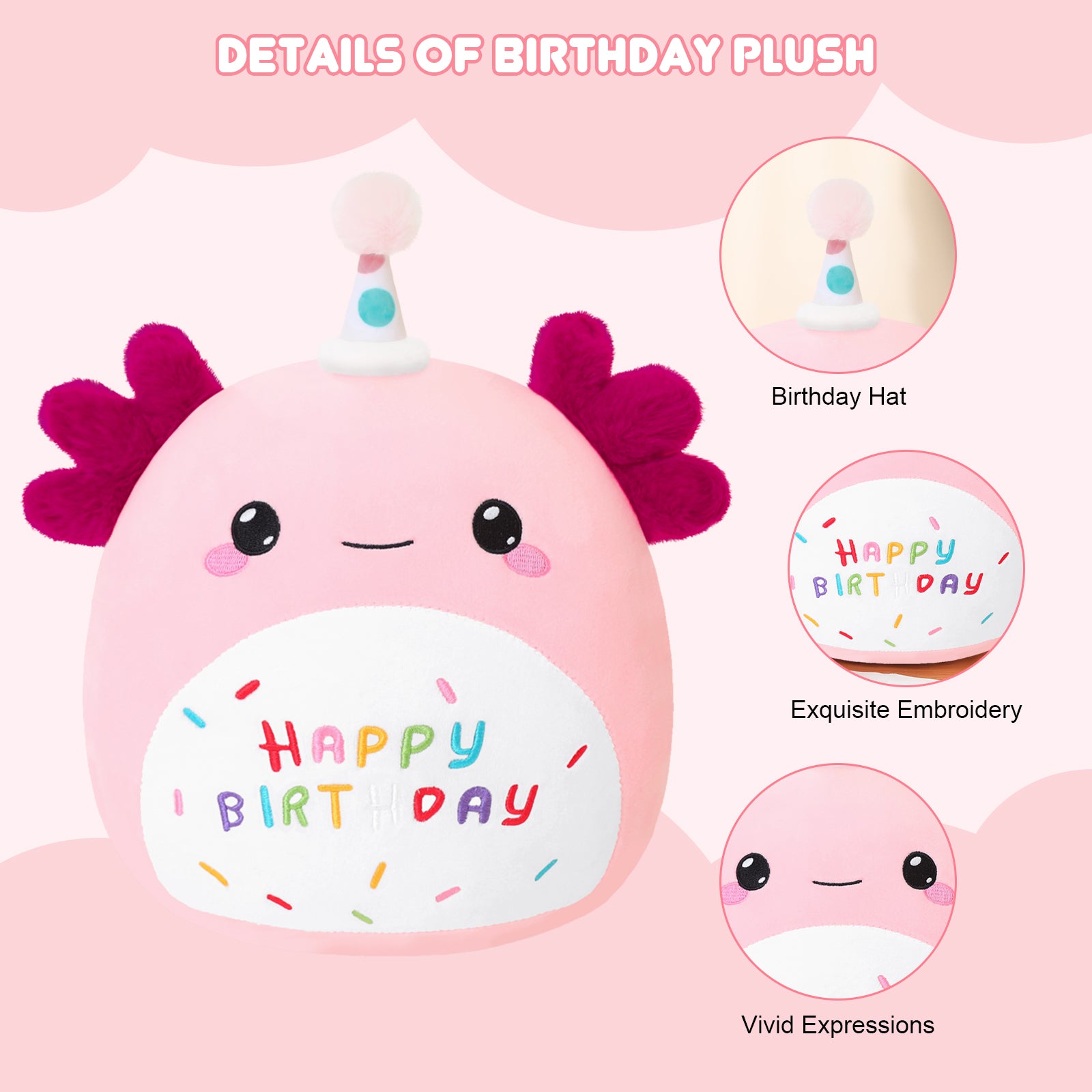 SQEQE birthday axolotl plush toy featured in a close product detail guide