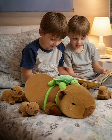Capybara plush family set with four baby stuffed animals and a turtle plush