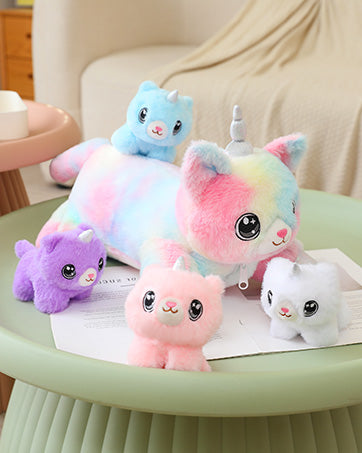 SQEQE caticorn stuffed animal with babies arranged as home decor in a family set