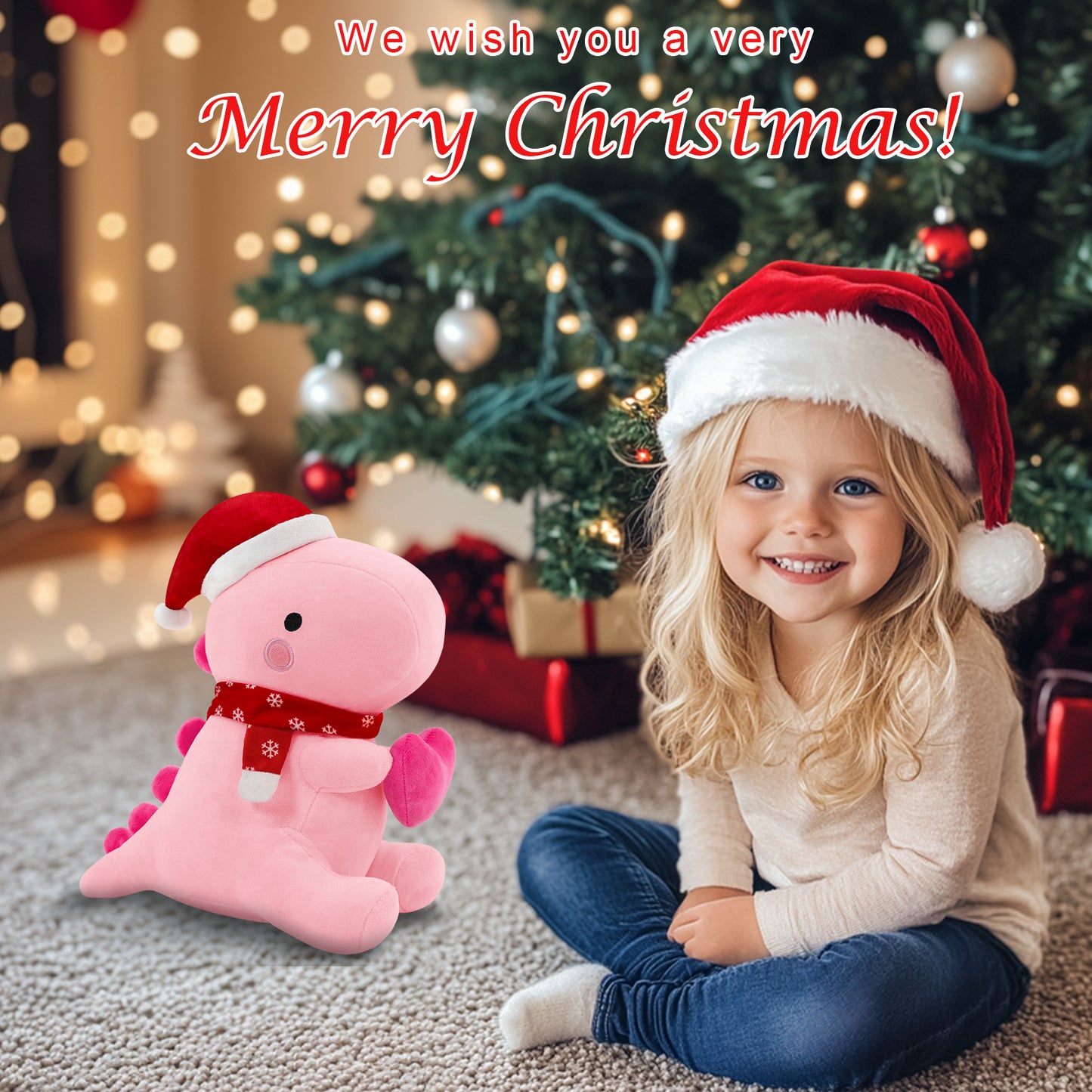 SQEQE Christmas dinosaur plush toy shown beside a child in a Christmas morning scene