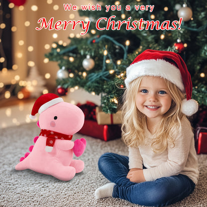SQEQE Christmas dinosaur plush toy shown beside a child in a Christmas morning scene