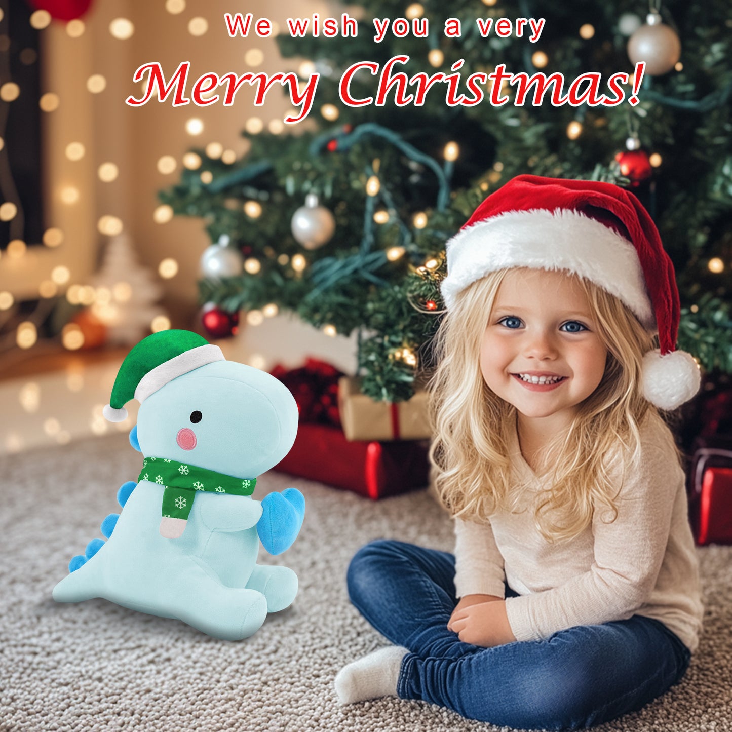 SQEQE Christmas dinosaur stuffed animal displayed beside a child near a Christmas tree
