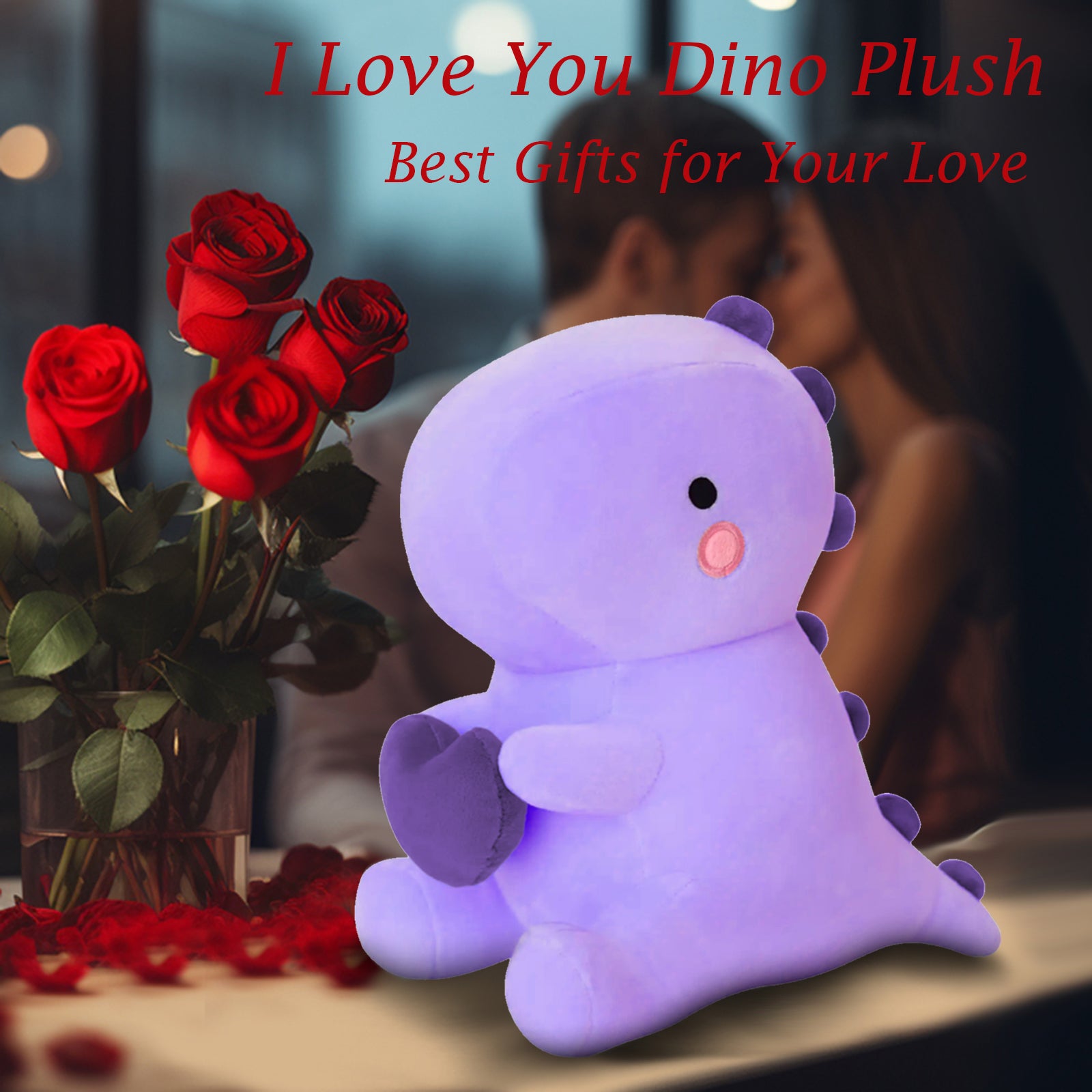 SQEQE dinosaur plush pillow shown in an alternate romantic gift display