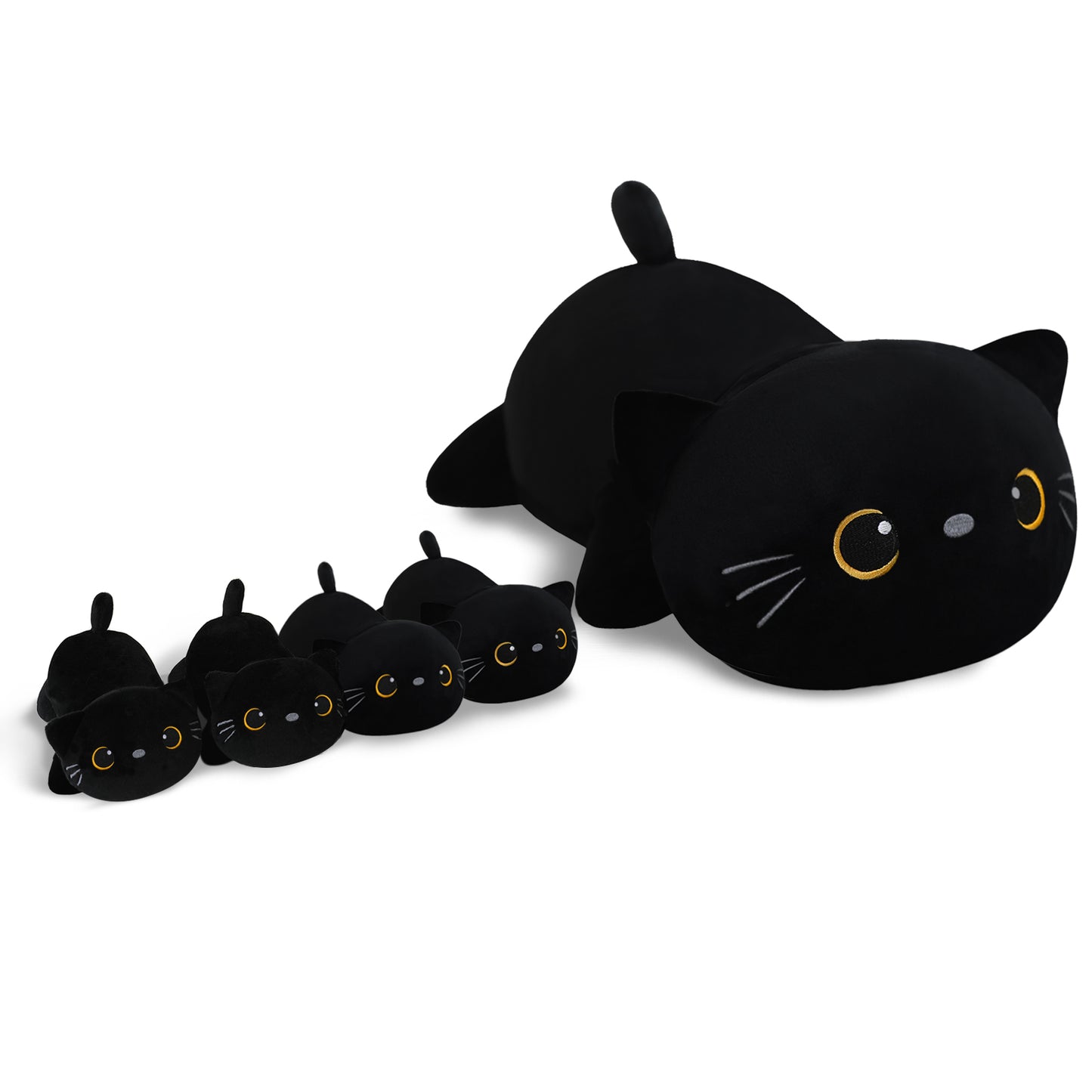 SQEQE cat stuffed animal with babies shown with four baby cat plush toys in a side arrangement