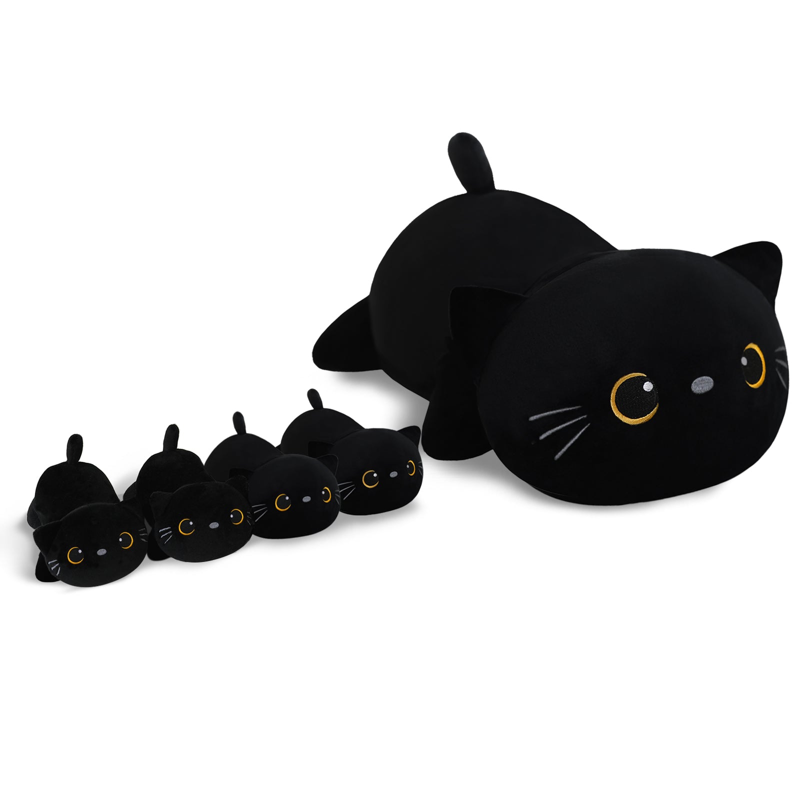 SQEQE cat stuffed animal with babies shown with four baby cat plush toys in a side arrangement