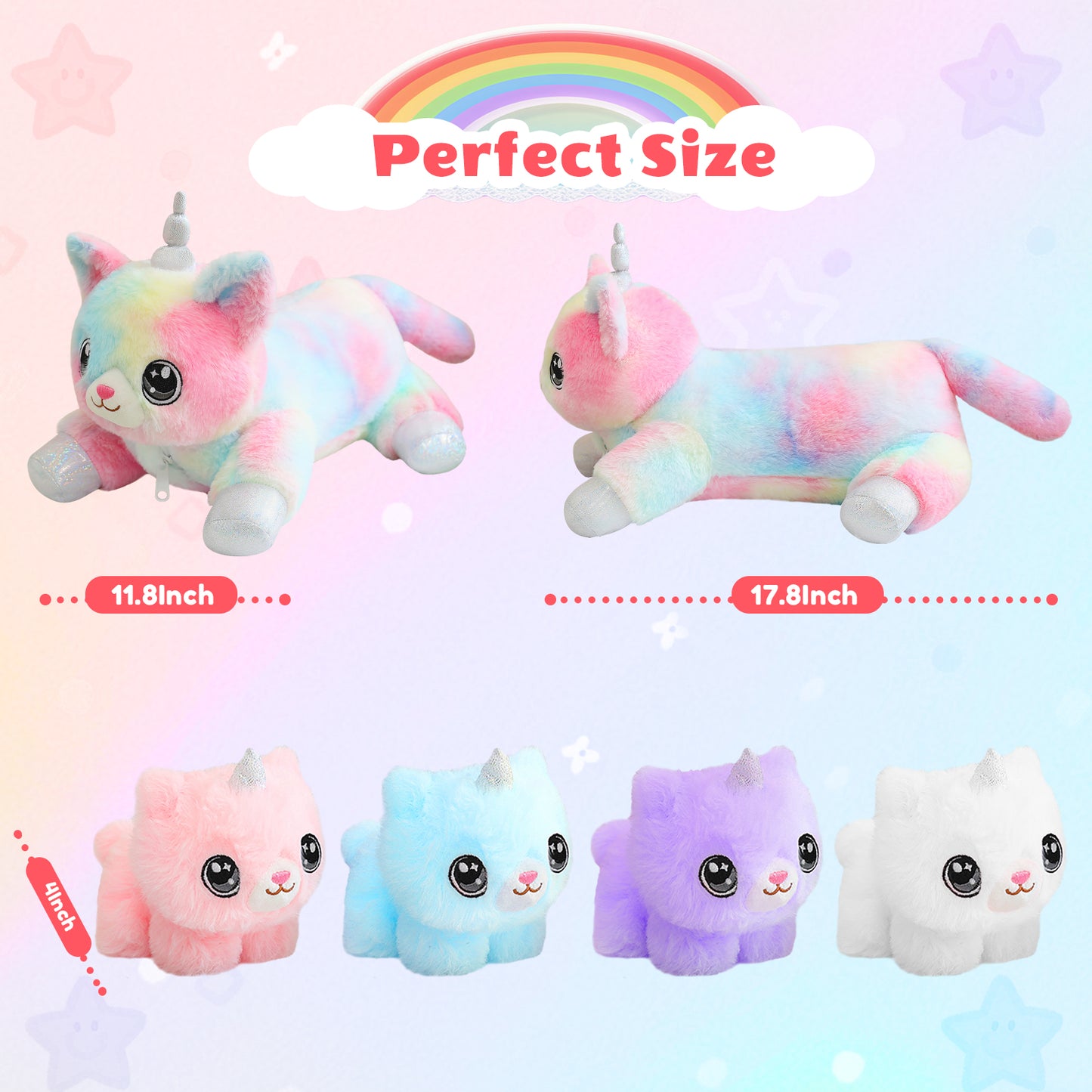 SQEQE caticorn stuffed animal with babies shown in a size guide for the parent and baby plush toys
