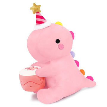 SQEQE birthday dinosaur stuffed animal shown in a branded birthday themed studio display