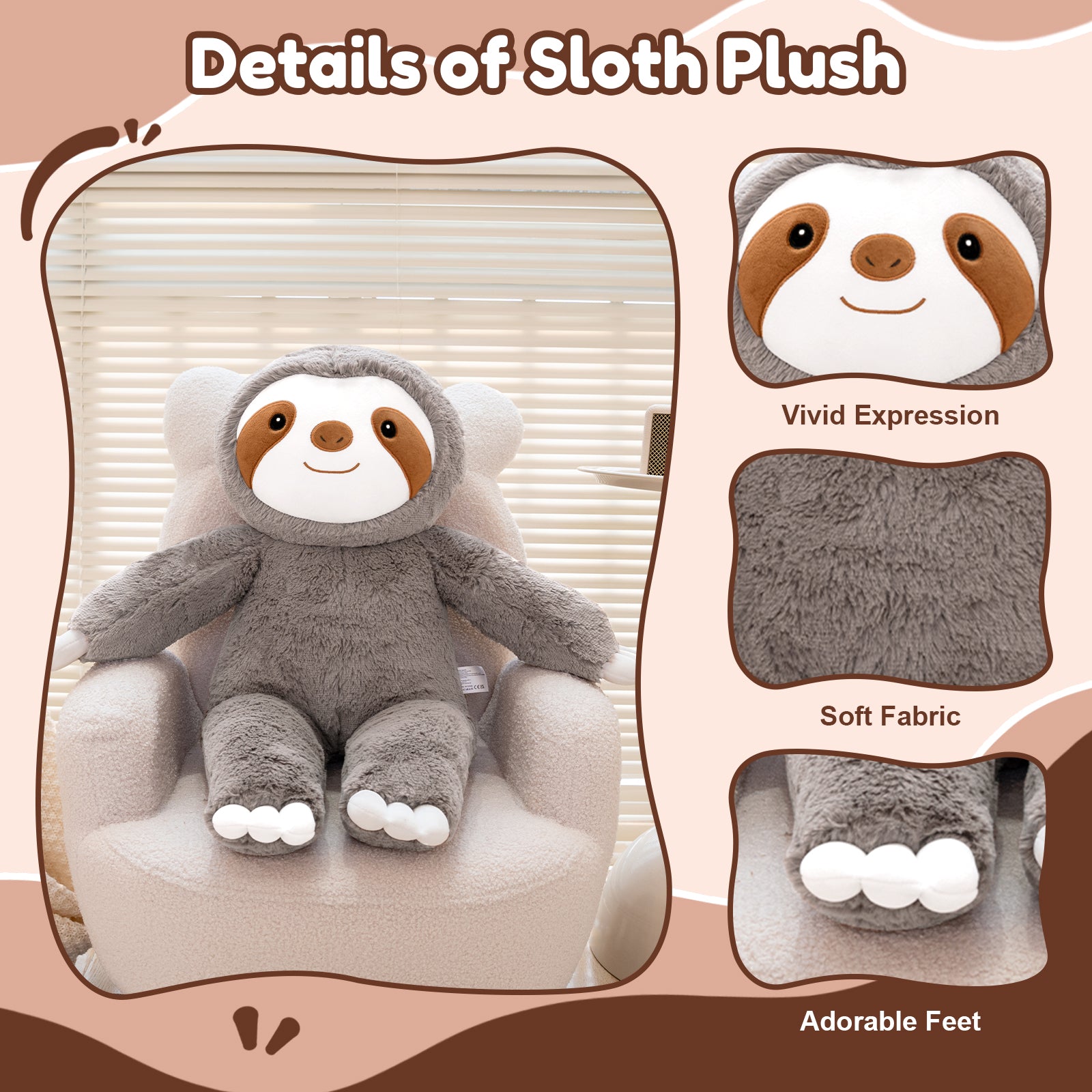SQEQE giant sloth stuffed animal featured in a plush fabric and construction guide