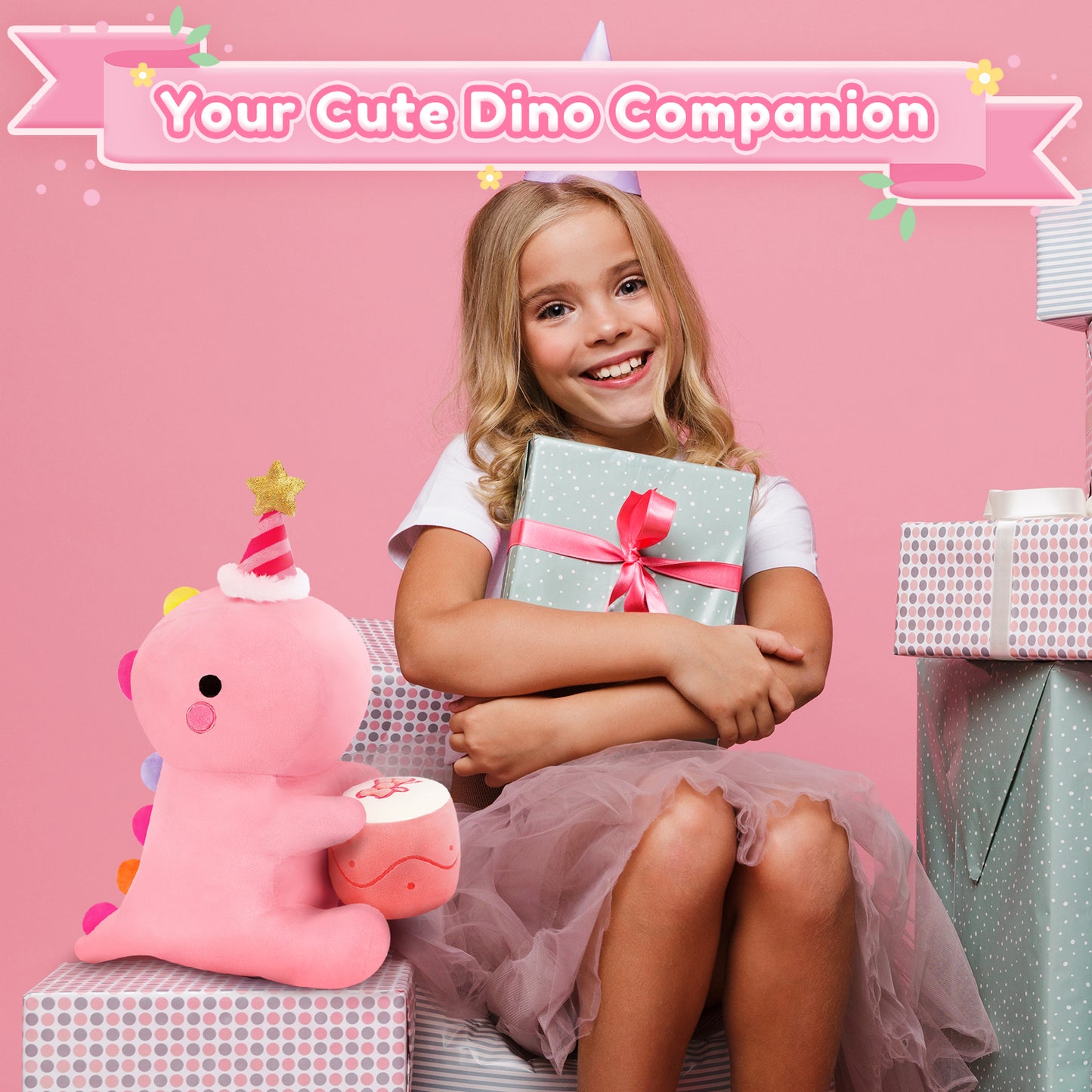 SQEQE birthday dinosaur stuffed animal displayed beside a child in a bedroom gift scene