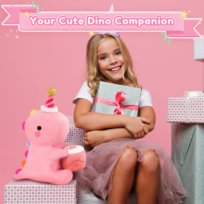SQEQE birthday dinosaur stuffed animal displayed beside a child in a bedroom gift scene