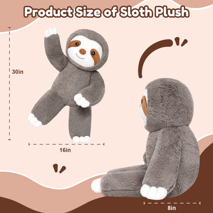 SQEQE giant sloth stuffed animal shown with height and depth measurements in a size guide