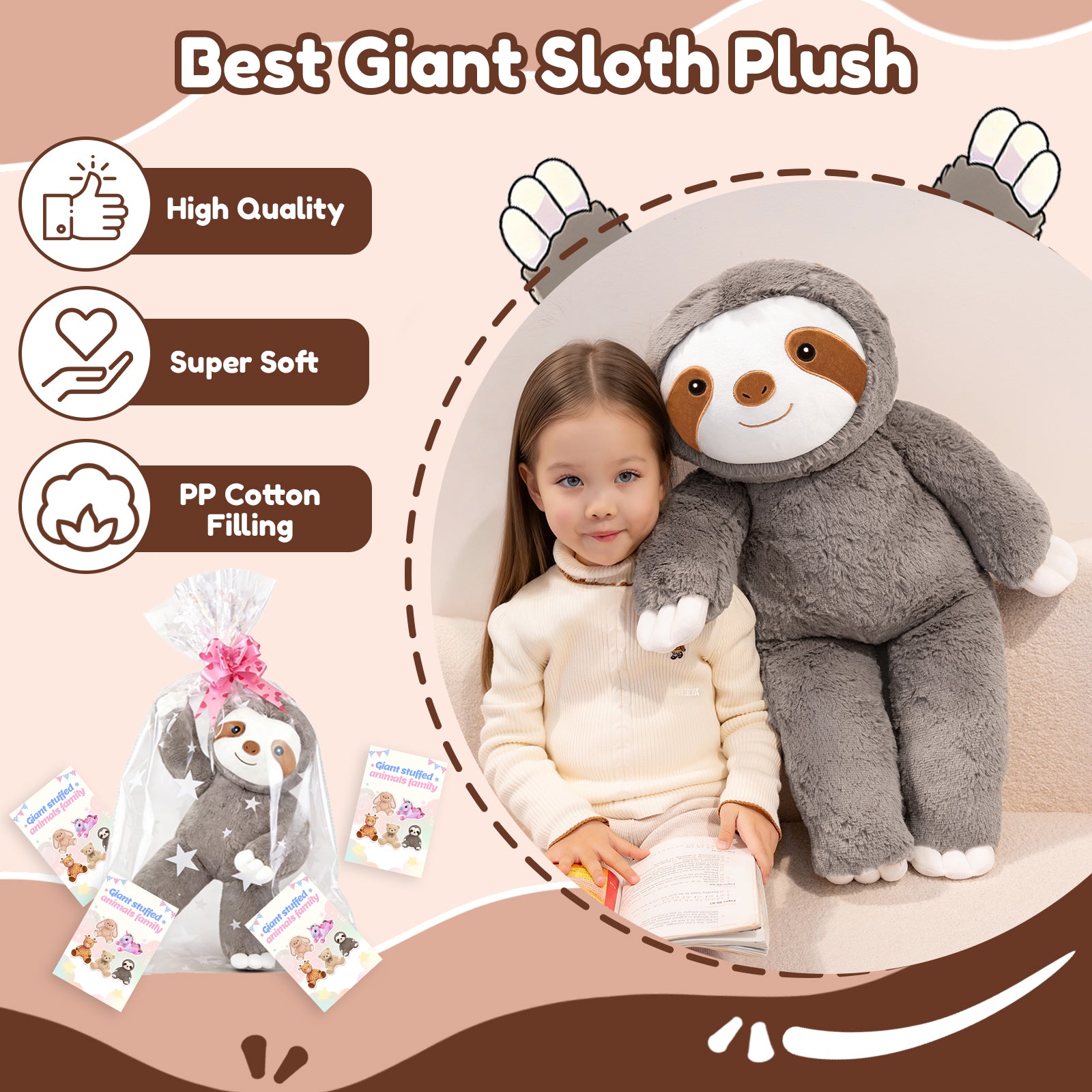 SQEQE giant sloth stuffed animal shown beside a child in a giant plush product layout