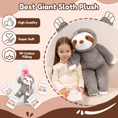 SQEQE giant sloth stuffed animal shown beside a child in a giant plush product layout