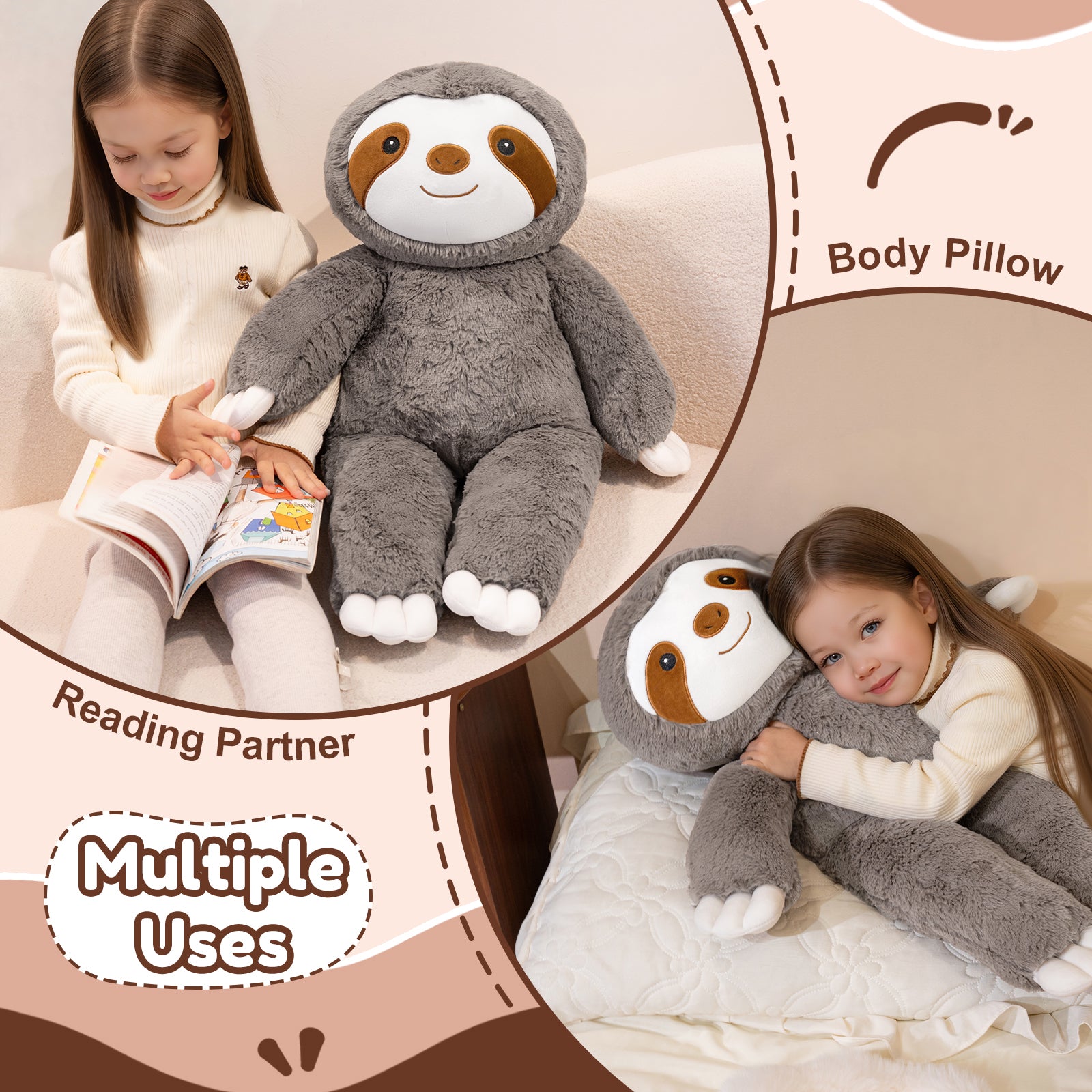 SQEQE giant sloth stuffed animal used for reading and resting in bedroom scenes