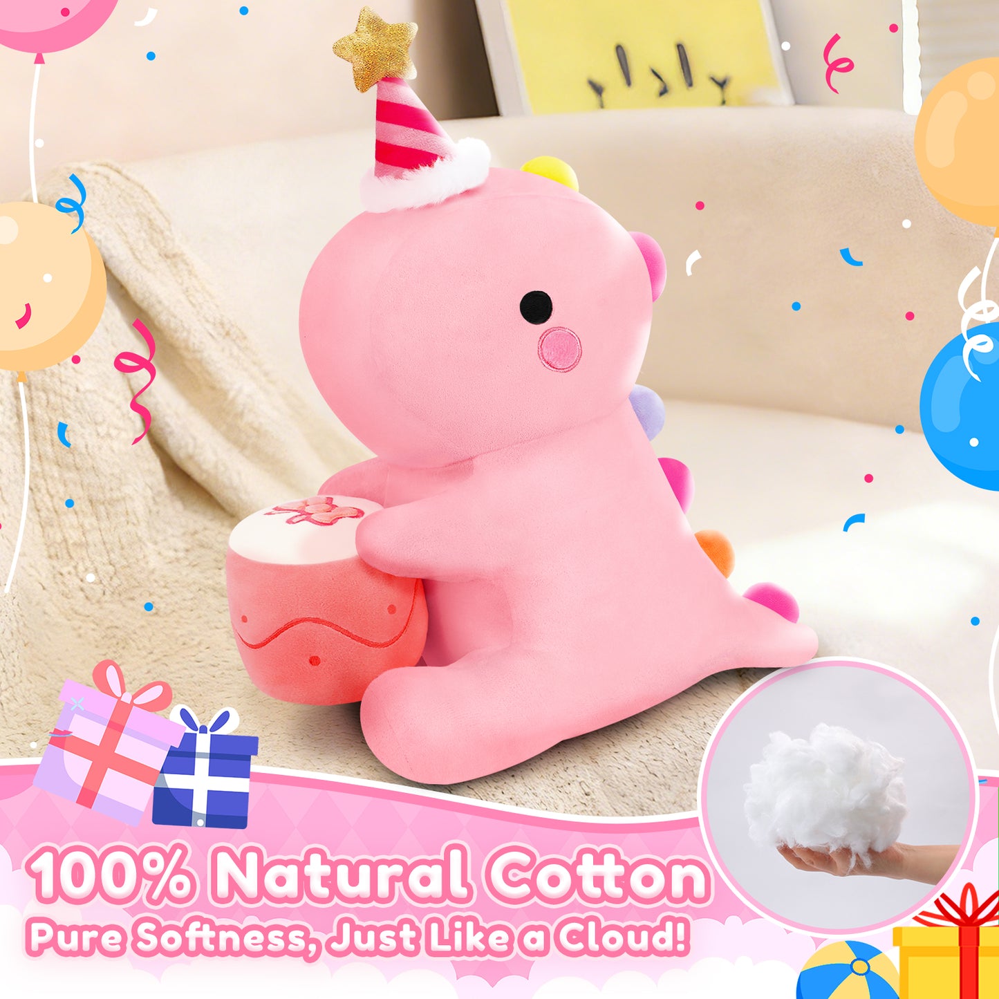 SQEQE birthday dinosaur stuffed animal shown on a bed in a product softness graphic