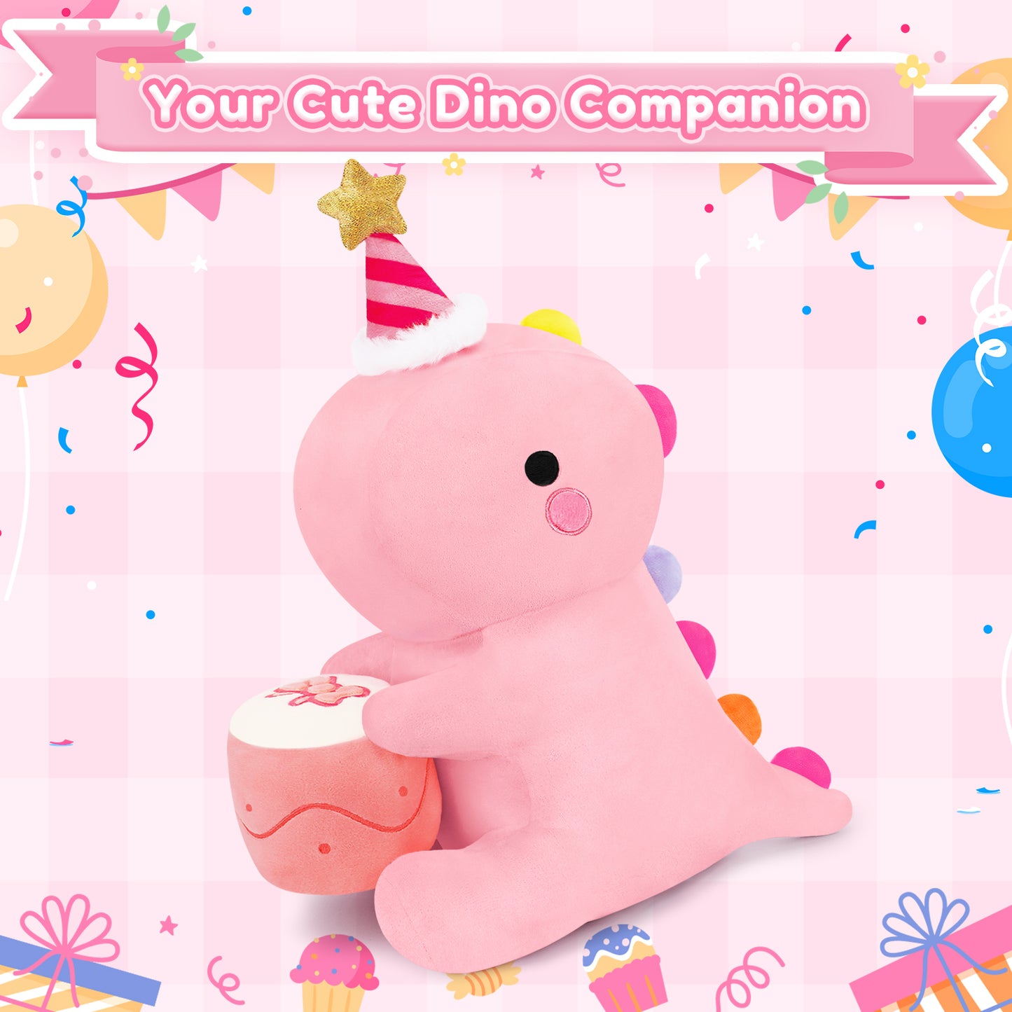 SQEQE birthday dinosaur stuffed animal featured in a festive birthday product layout