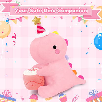 SQEQE birthday dinosaur stuffed animal featured in a festive birthday product layout