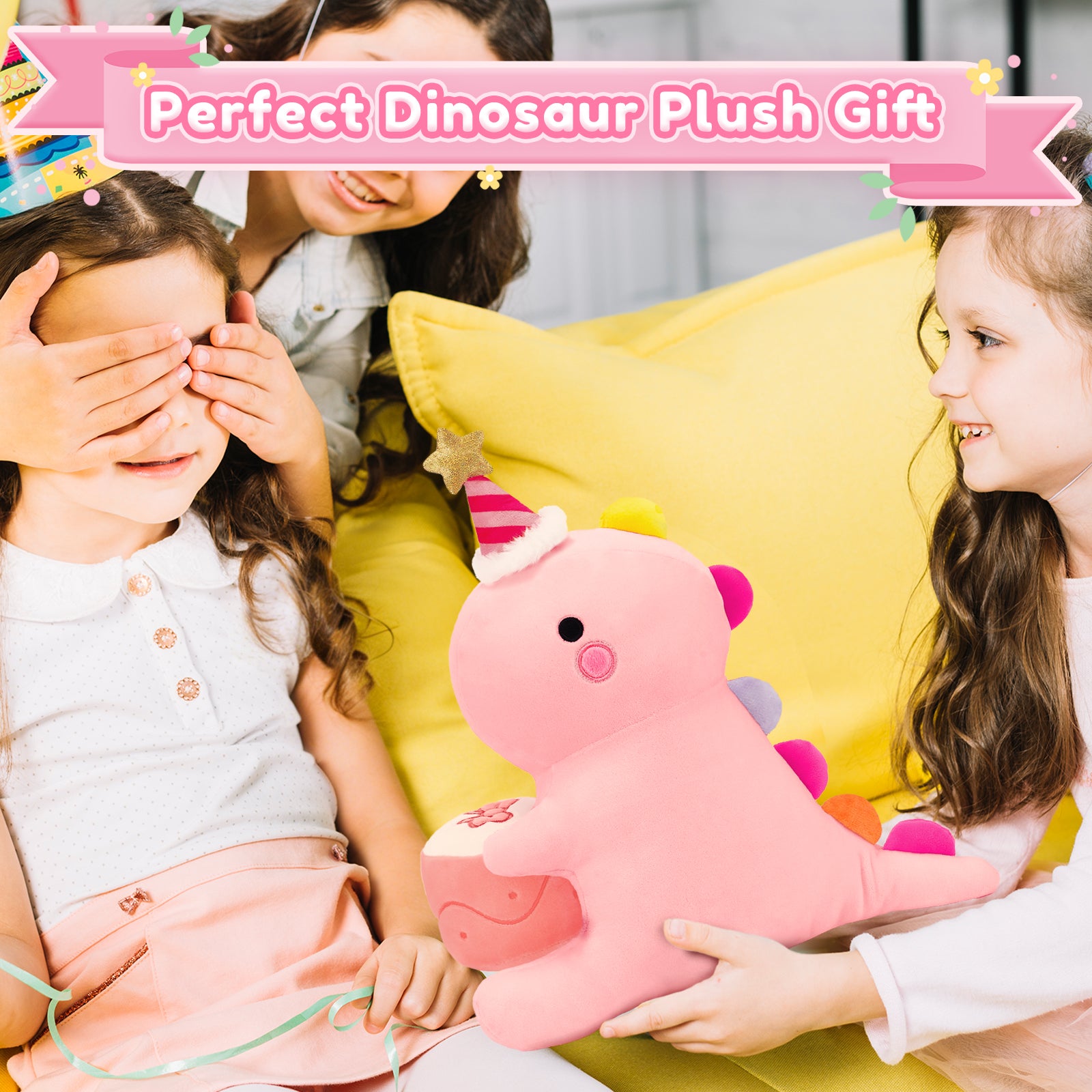 SQEQE birthday dinosaur stuffed animal held by a child during a birthday gift moment