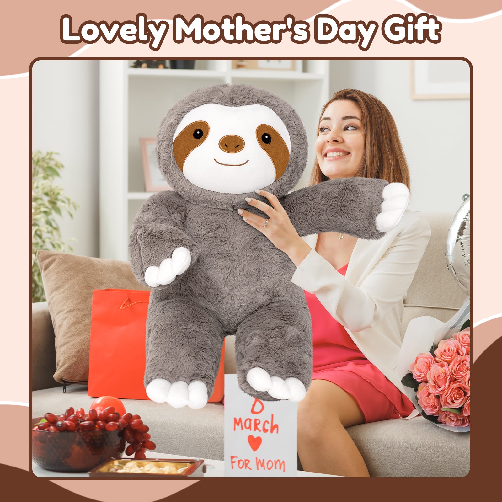 SQEQE giant sloth stuffed animal held during a family gift moment