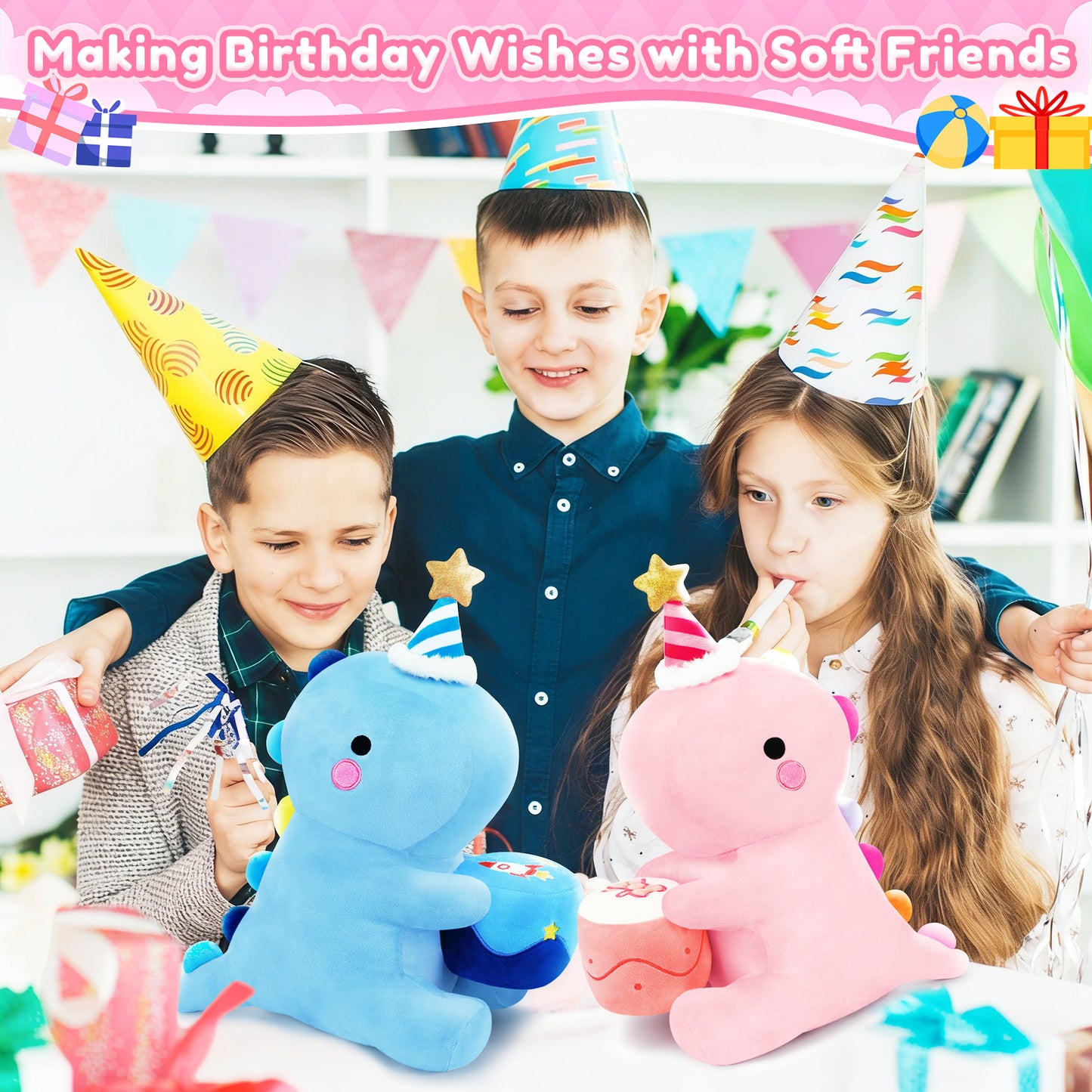 SQEQE birthday dinosaur stuffed animal displayed with two dinosaur plush toys at a birthday party