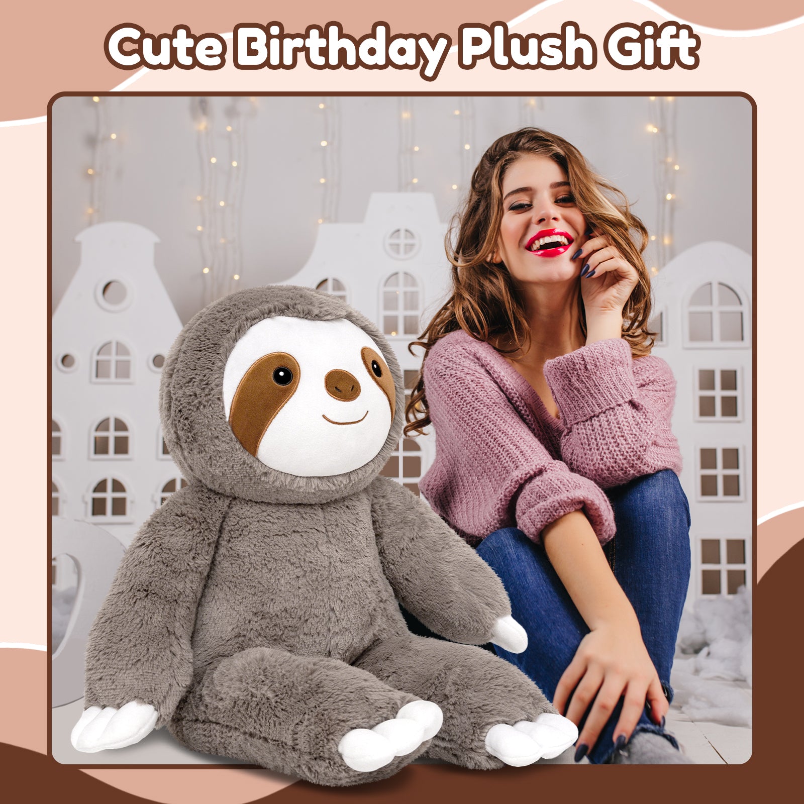 SQEQE giant sloth stuffed animal displayed beside an adult for a large size comparison