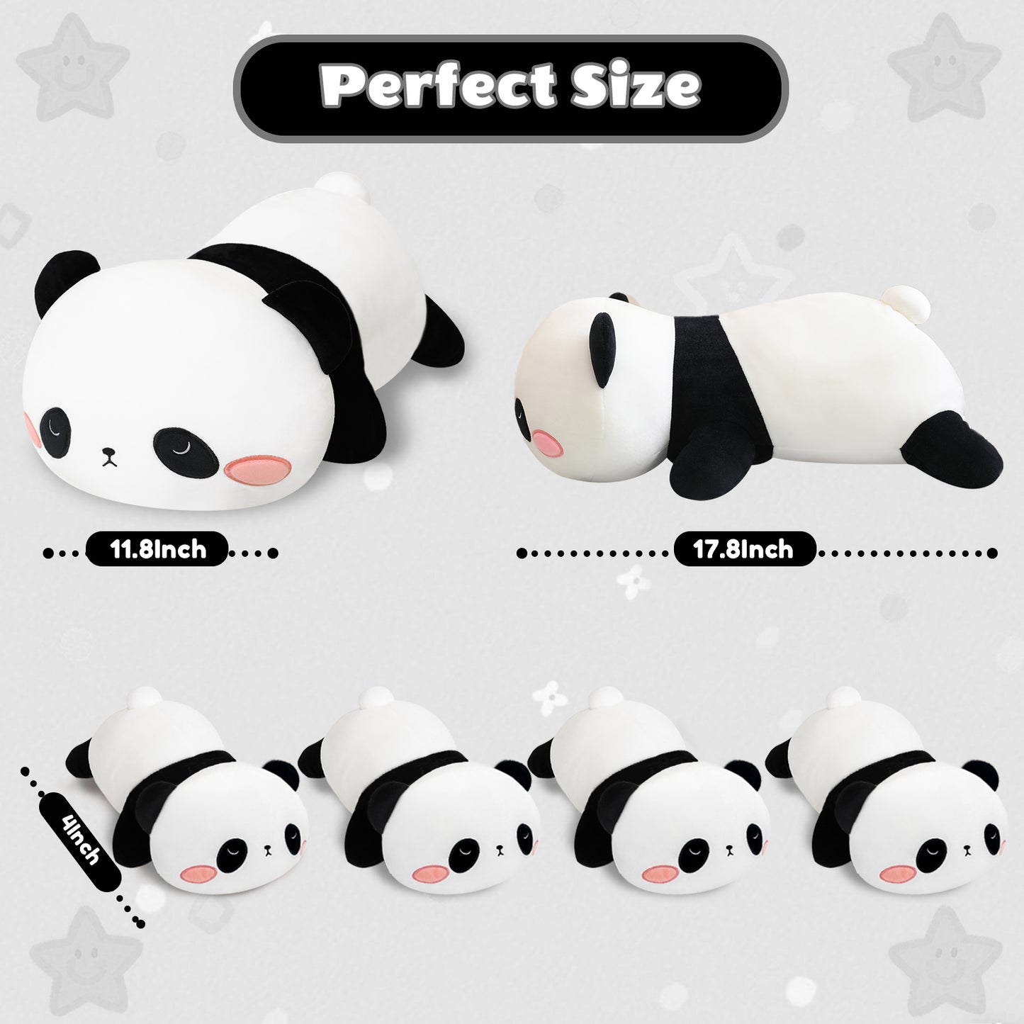 SQEQE panda stuffed animal with babies shown in two parent sizes with four baby plush toys