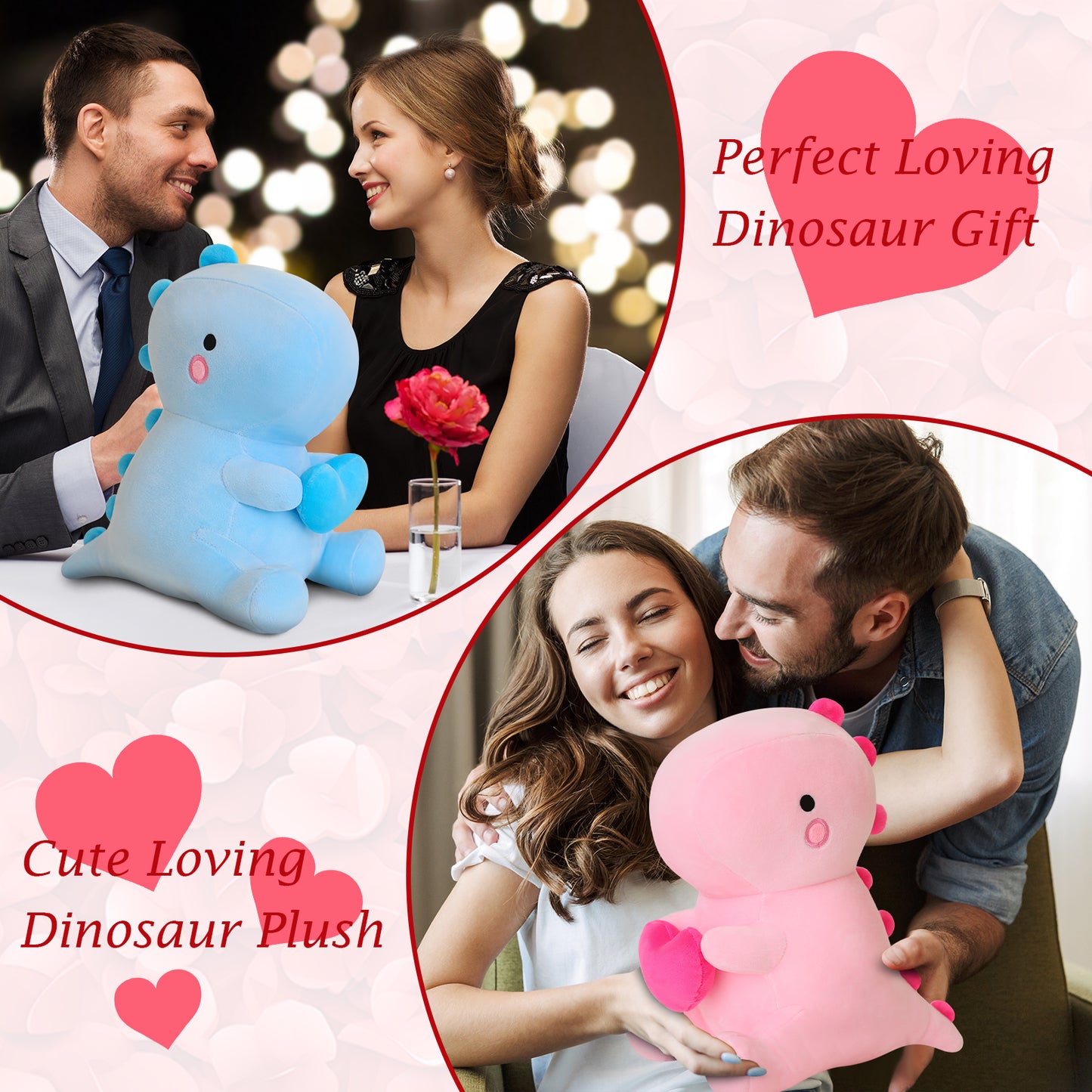 SQEQE dinosaur plush pillow shown in a couple gift collage